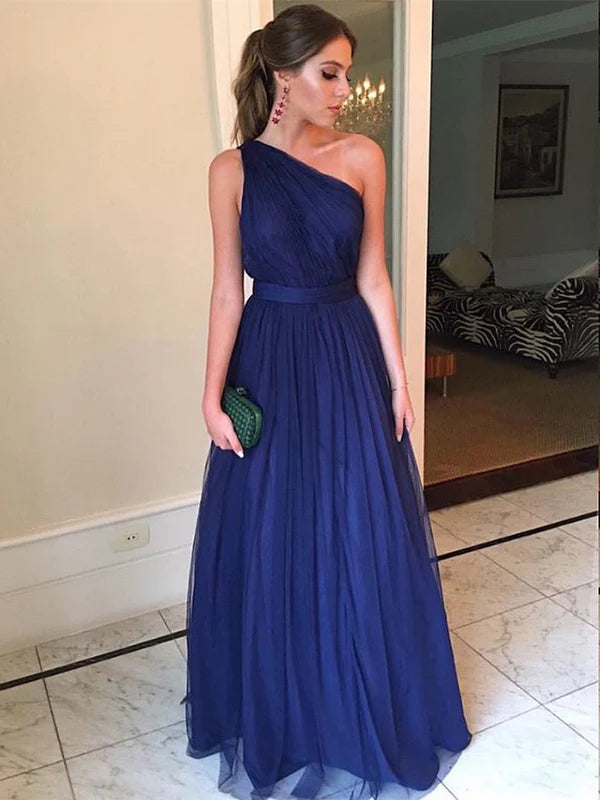 Luolandi Simple Tulle One Shoulder Backless A-line Prom Dresses Floor Length Elegant Evening Dress